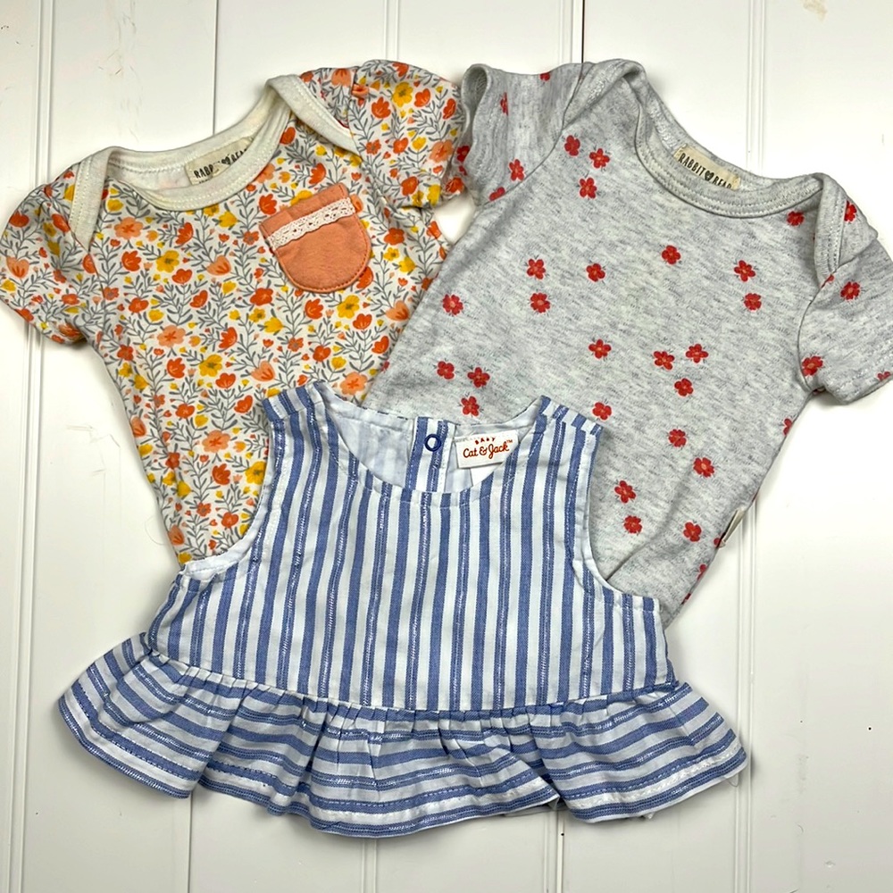 Cat & Jack Rabbit + Bear 3 Summer Tops Size 0-3 Months
